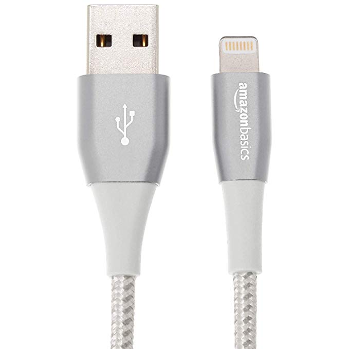 AmazonBasics Double Nylon Braided USB A Cable with Lightning Connector, Premium Collection - 10-Foot, Silver