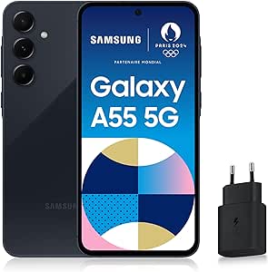 Samsung Galaxy A55 5G, Smartphone Android, 256 Go, Chargeur secteur rapide 25W inclus [Exclusivité Amazon], Smartphone déverrouillé, Bleu nuit, Version FR