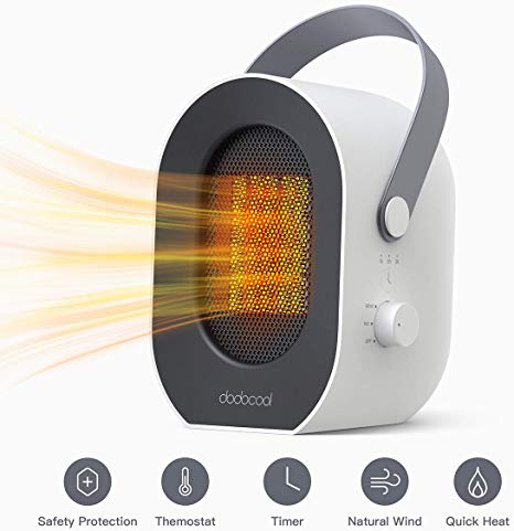 dodocool Portable Electric Fan Heater,Mini Ceramic Space Heater Fan with Heat & Natural Fan Settings,Personal Energy Efficient Heater with Safety Protection for Home Office Desk,Timer -off Function