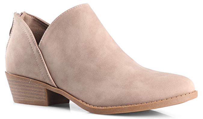 Women's Madeline Western Almond Round Toe Slip on Bootie - Low Stack Heel - Zip Up - Casual Ankle Boot