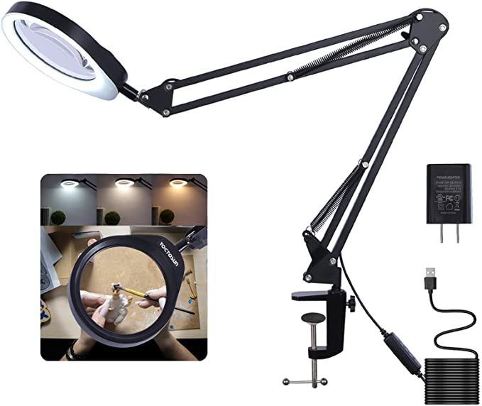 YOCTOSUN Magnifying Glass with Light and Stand, 5 Inch K9 Optical Glass Lens,3 Color Modes Stepless Dimmable, Adjustable Swivel Arm Lighted Magnifier Lamp for Reading, Painting,Crafts,Close Work