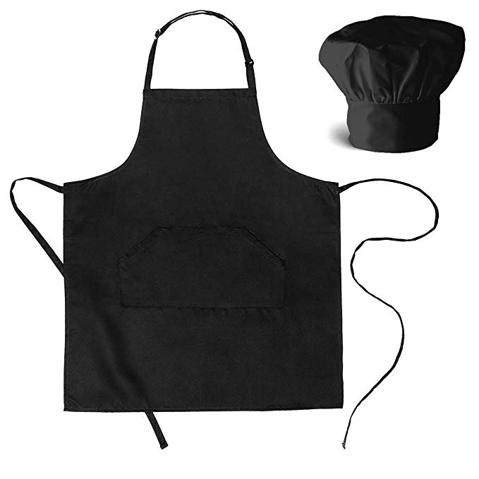 BOHARERS Chef Hat and Apron Set for Adults - Kitchen Aprons with Cooking Hat Black for Women Men Adjustable 2 Pockets, 28”W x 32”L