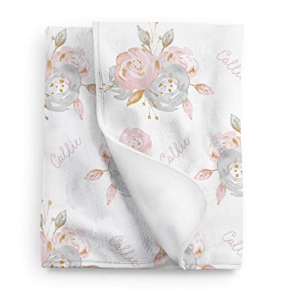 Pink and Grey Floral Personalized Baby Girl Blanket, Shabby Chic Nursery