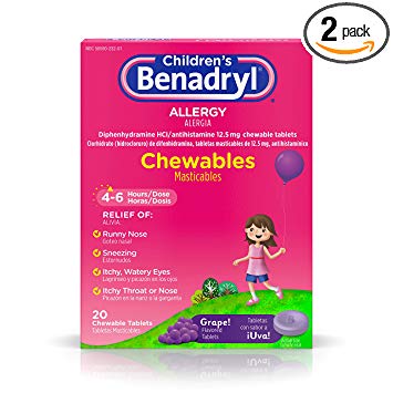 Children’s Benadryl Allergy Chewables with Diphenhydramine HCl, Antihistamine Chewable Tablets in Grape Flavor, 20 ct (Pack of 2)