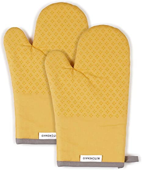 Kitchen Aid Asteroid Cotton Oven Mitts with Silicone Grip, Set of 2, Yellow