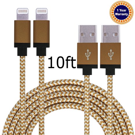 Jricoo 2pcs 10FT Lightning Cable Popular Nylon Braided Charing Cable Extra Long USB Cord for iphone 6s, 5SE, 6s plus, 6plus, 6,5s 5c 5,iPad Mini, Air,iPad5,iPod on iOS9.(brown white).