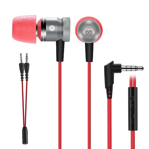 Headphones, Grandbeing Portable Wired In-Ear Stereo Bass Gaming Earphones with Memory Foam Earbuds with MIC, 1.7m Cable Length with 3.5mm Jack and Audio Splitter Cable for PC and Cell Phones, Red