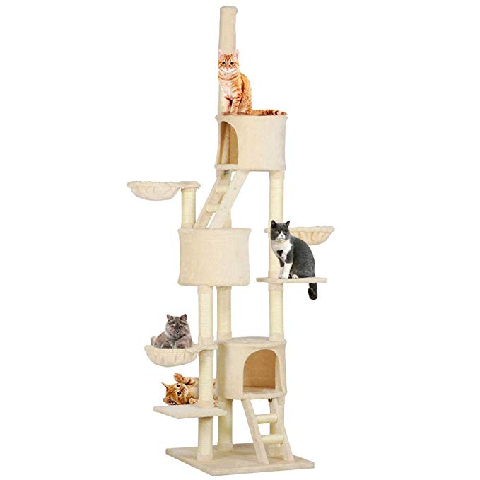 Yaheetech Extra Large Multi-Level Cat Tree Condo with Sisal-Covered Scratching Posts, Condos Baskets and Ladders, Kitty Activity Center Kitten Play House, Adjustable Height 93-103inch