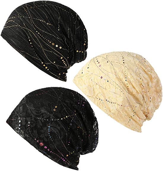 LOLIAS 3 Pack Women's Cotton Beanie Chemo Caps Lightweight Lace Turban Slouchy Soft Sleep Hat