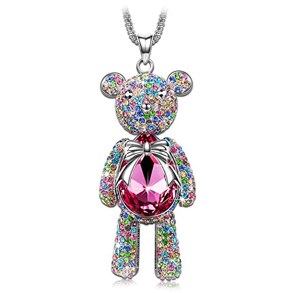 J.NINA "Bear Princess" Made with Pink Swarovski Crystals Cute Bear Design Women Jewelry Necklace
