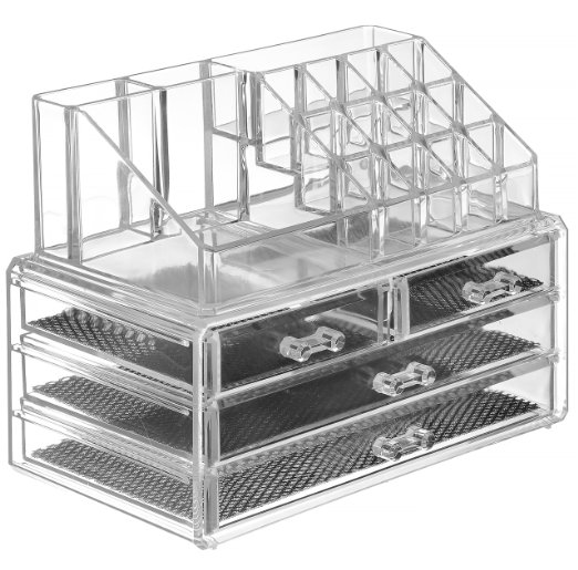 Saganizer Clear acrylic Jewelry organizer and makeup organizer cosmetic organizer and Large 3 Drawer Jewelry Chest or makeup storage ideas Case Lipstick Liner Brush Holder make up boxes