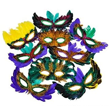 50 (Fifty) Pack of Mardi Gras Masquerade Party Feather Fantasy Masks(Assorted Colors)
