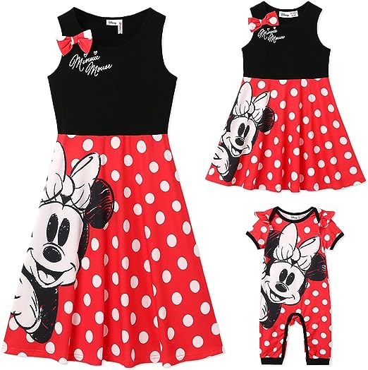 Disney Mom and Me Matching Minnie Dresses Polka Dots Sleeveless Strap Dresses for Mom and Me