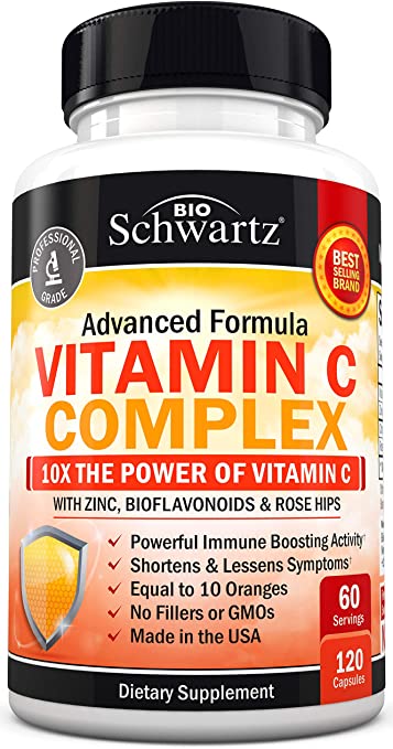 Vitamin C 1000mg Capsules with Zinc, Rose Hips & Bioflavonoids - Supplement with 10x The Power of Vitamin C - Shortens & Lessens Symptoms - Equal to 10 Oranges - 120 Capsules