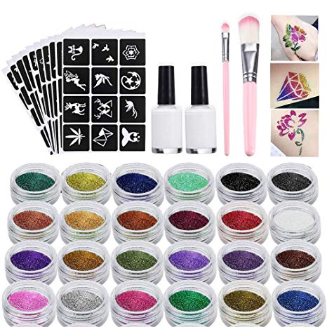 Glitter Tattoo Kit, Body Glitters Set, Glitter Temporary Tattoos, Face Painting, Make Up Body Glitters with 24 Colour Glitter, Perfect for Xmas Halloween