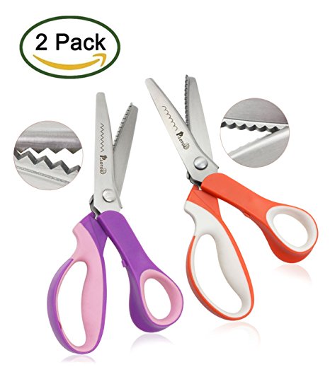 Pinking Shears, 2 Piece Set, Serrated and Scalloped, P.LOTOR 9.3 Inches Handled Professional Stainless Steel Dressmaking Sewing Craft Scissors