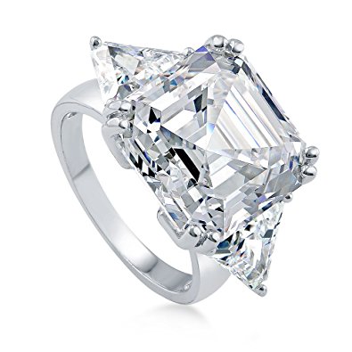 BERRICLE Rhodium Plated Sterling Silver Asscher Cut Cubic Zirconia CZ 3-Stone Engagement Ring