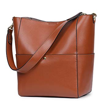 S-ZONE Women's Vintage Genuine Leather Bucket Tote Shoulder Bag Hobo Handbag Purse