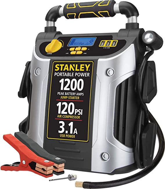 STANLEY J5C09D Digital Portable Power Station Jump Starter: 1200 Peak/600 Instant Amps, 120 PSI Air Compressor, 3.1A USB Ports, Battery Clamps