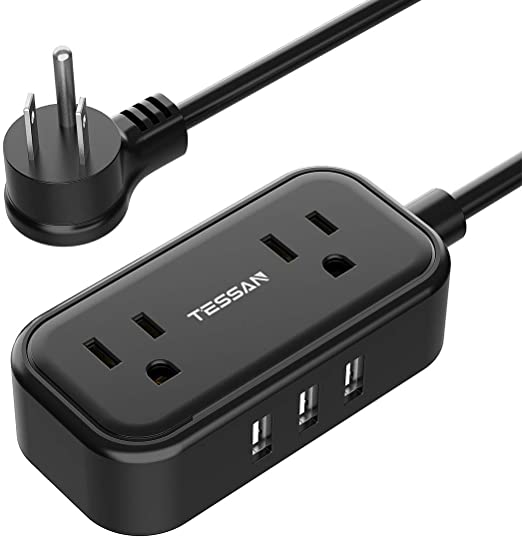 Small Flat Plug Power Strip, TESSAN 5 ft Portable Extension Cord with 2 Widely Spaced Outlets and 3 USB Ports, Compact Size Desktop USB Charging Station for Home, Office, and Dorm Room