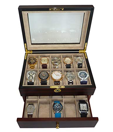 20 Piece Ebony Walnut Wood Men's Watch Box Display Case Collection Jewelry Box Storage Glass Top