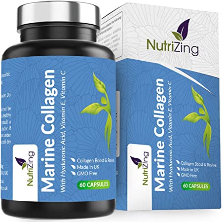 Premium Marine Collagen Capsules Enhanced with Vitamin C   Vitamin E   Hyaluronic Acid. Superior Potency & High Bioavailability. Made in UK by NutriZing. Supports Collagen Formation for Skin