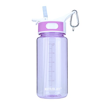 BOTTLED JOY Kids Water Bottle with Straw and Handle, Non-toxic Bite Valve Wide Mouth 100% Leak Proof Camping Tritan Water Bottles 20oz 600ml