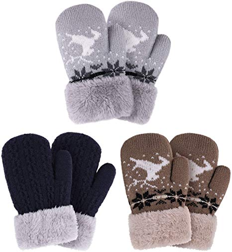 Arctic Paw Boy's & Girl's 3 Pairs Outdoor Sherpa Lined Winter Mitten Gloves