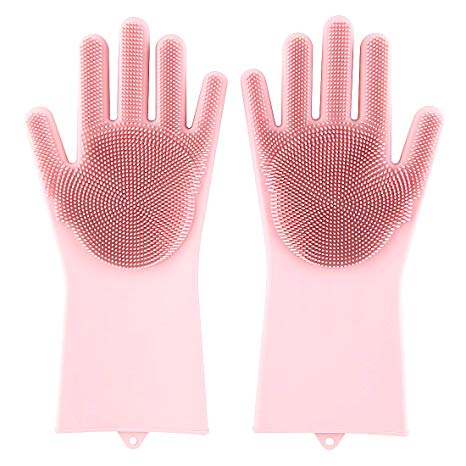 Magic Saksak Silicone Gloves Dishwashing gloves with Cleaning Brush Scrubber, Reusable Brush Silicone Scrubber Heat Resistant Gloves for Cleaning, Household, Washing Car, Pet Hair Care (Pink)