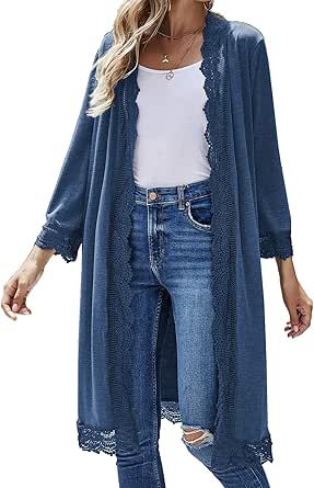 Women's Cardigan 3/4 Sleeve Lightweight Open Front Lace Wrap Long Duster Cardigans S-3X