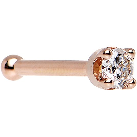 Solid 14k Rose Gold 2mm Cubic Zirconia Nose Bone 20 Gauge 1/4"