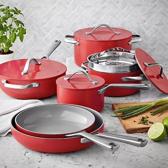 MEMBER MARK 11-Piece Modern Ceramic Cookware Set in Red 23x15x11