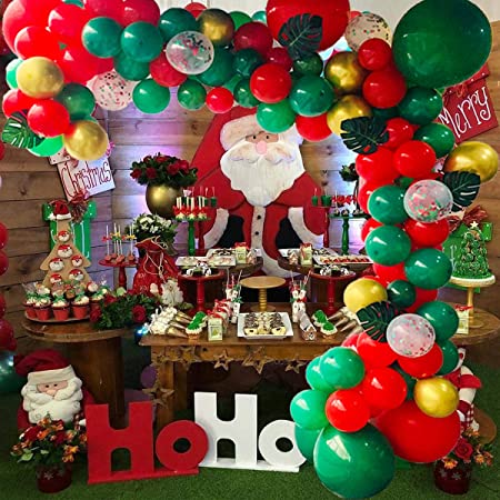 CONLEKE Christmas Balloon Garland Arch kit 125pcs with Christmas Red Gold Dark Green Balloons and Leaves for Christmas Party Decorations