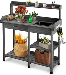 Giantex Potting Bench Table, Wood Garden Work Table with Sink Drawer Hooks and 3 Storage Shelves, Gardening Workstation for Yard Lawn Patio Indoor Outdoor Flower Plant Pot Bench, Gray