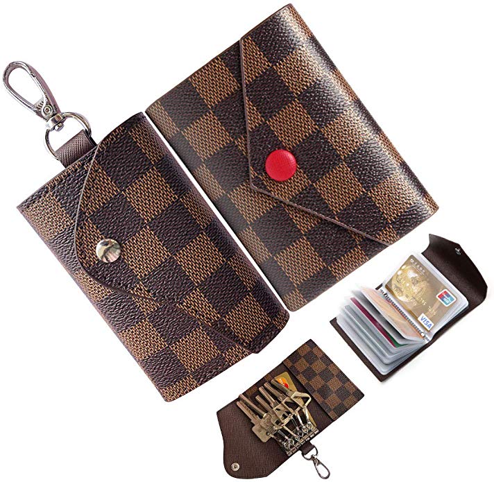 6 Ring Key Case for Men Holder Wallet for Women Leather Small Mini Credit Card Holder Plaid Bag Purse Pouch Key Chain