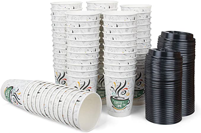 Bekith 80 Pack Paper Coffee Cup with 100 Black Lids for Hot and Cold Drinks, 12oz (350ml)