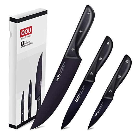 OOU Pro Kitchen Knife Set Chef Knives, 3 Pieces Gift Set, High Carbon Stainless Steel, 8” Chef Knife, 5” Utility Knife, 3.5” Paring Knife, Full Tang Blade, Ultra Sharp & Ergonomic handle, FDA Approved