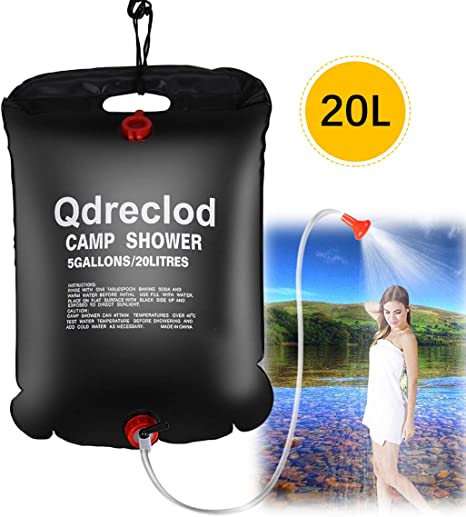Solar Camping Shower Bag, 20L Portable Solar Heated Travel Shower Bag Hot Water with 45°C Removable Hose on/off Switchable Shower Head Foldable Lightweight Outdoor Hiking Climbing Bathing Bag