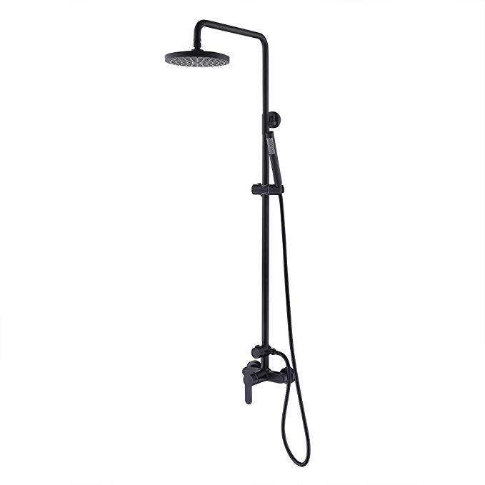 KES Bathroom Brass Shower Faucet with Slide Bar Hand Shower and Rainfall Shower Head Adjustable Wall Mount Double Function, Matte Black, XB6008D-BK