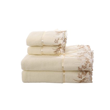 Cotton Bath Towels Decorative Towels - GreForest Beige Lace Towels Embroidered Bath Towel Set (2 Pack Hand Towels   2 Pack Bath Towels) Best For Guest Bathroom with Gorgeous Lace Trim, Soft Fine Terry