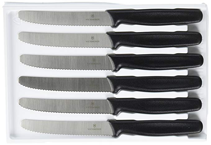 Victorinox Cutlery 6-Piece 4-1/2-Inch Wavy Edge with Round Tip Steak Knife Set, Black