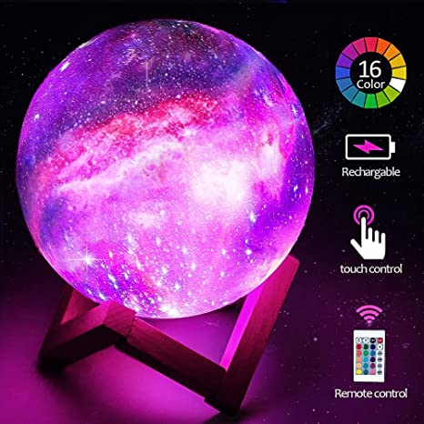 HOKEKI 3D Moon Lamp, Baby Small Night Light, Star Airlight, 16 LED Lighting Colors, Dimmable Lamp with Wood Stand, Touch & Remote Control & USB Rechargeable, for Girls Lover Christmas Gift (5.9in)