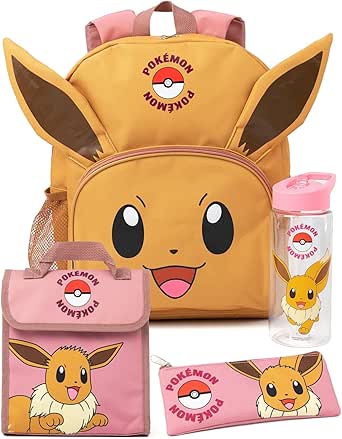 Pokemon Girls Backpack Set | Rucksack Bundle with School Bag, Pencil Case, Lunch Bag & Water Bottle | Eevee Matching Set