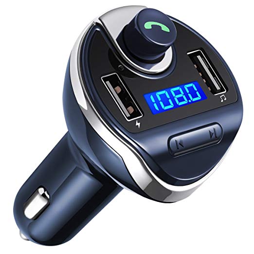 Criacr Bluetooth FM Transmitter, Universal Car Charger with Dual USB Charging Ports, Wireless in-Car FM Transmitter Radio Adapter Car Kit, Hands Free Calling for iPhone, Samsung, etc(Blue)