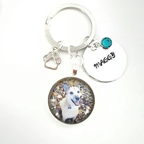 Pet Memorial photo keychain with name paw charm and birthstone