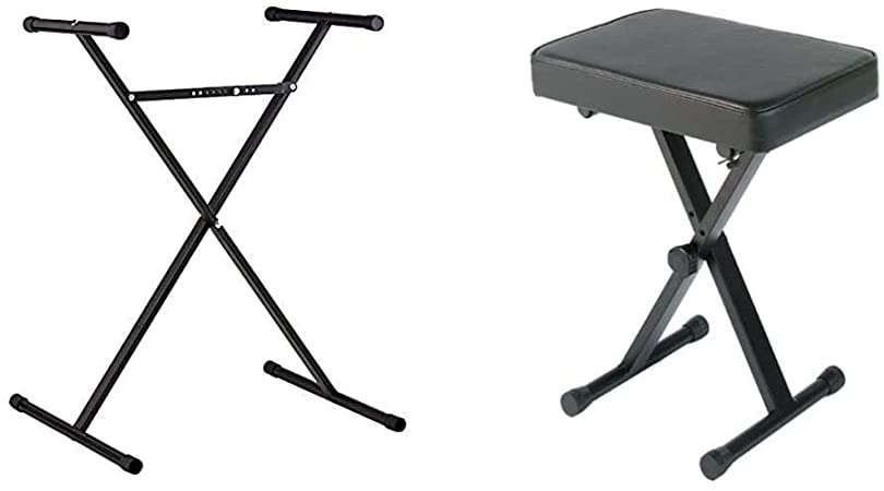 Casio ARST Single-X Adjustable Keyboard Stand & YAMAHA PKBB1 Adjustable Padded Keyboard X-Style Bench, Black,19.5 Inches