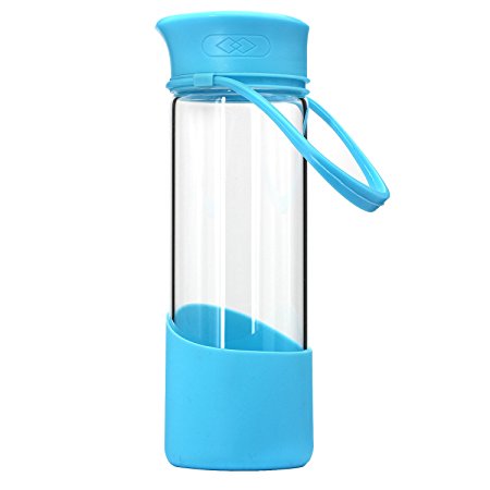 Secret Smiley Face Cup - Bonison Happy Motivational Drinking Borosilicate Glass Water Bottle with Silicone Sleeve Cover & Handle Twist Screw Lid - 17 oz in Pink, Blue, and Green