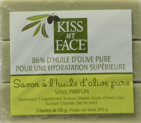 Kiss My Face Naked Pure Olive Oil Soap, Moisturizing Bar Soap, 4 Ounce Bars, 3 Count