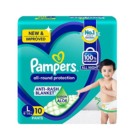 Pampers All round Protection Pants, Large size baby diapers, 10 Count, Anti Rash diapers, Lotion with Aloe Vera