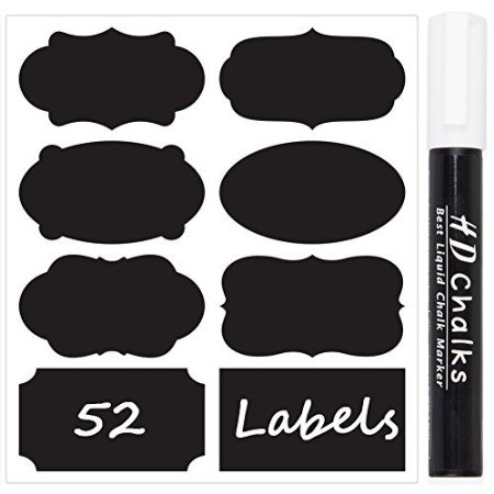 52 Chalkboard Labels with White Liquid Chalk Marker Pen for Jars Reusable DURABLE Self-Adhesive Stickers - Best Solution to ORGANIZE your place